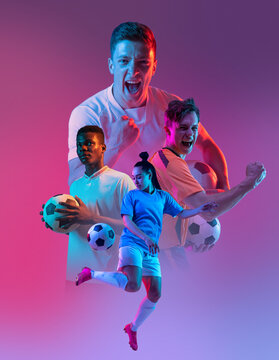 Creative collage with professional sportsmen, male and female soccer, football players over purple background in neon light.
