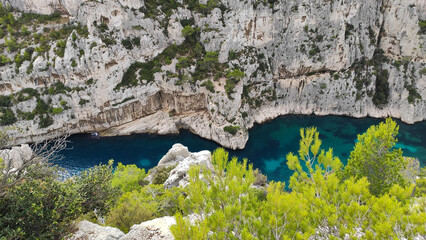The Calanques National Park is a French national park located on the Mediterranean coast in Bouches-du-Rhône, Southern France. The beach of En-Vau and it's high limestone cliffs near Cassis.