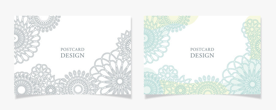 曲線で描いた花柄風のポストカードデザインJ1【ライトグレー／ライトグリーン】