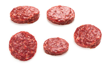 Raw minced beef isolated on white background.
