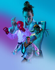 Collage with professional sportsmen, male and female boxer, kickboxer and judo fighters over blue...