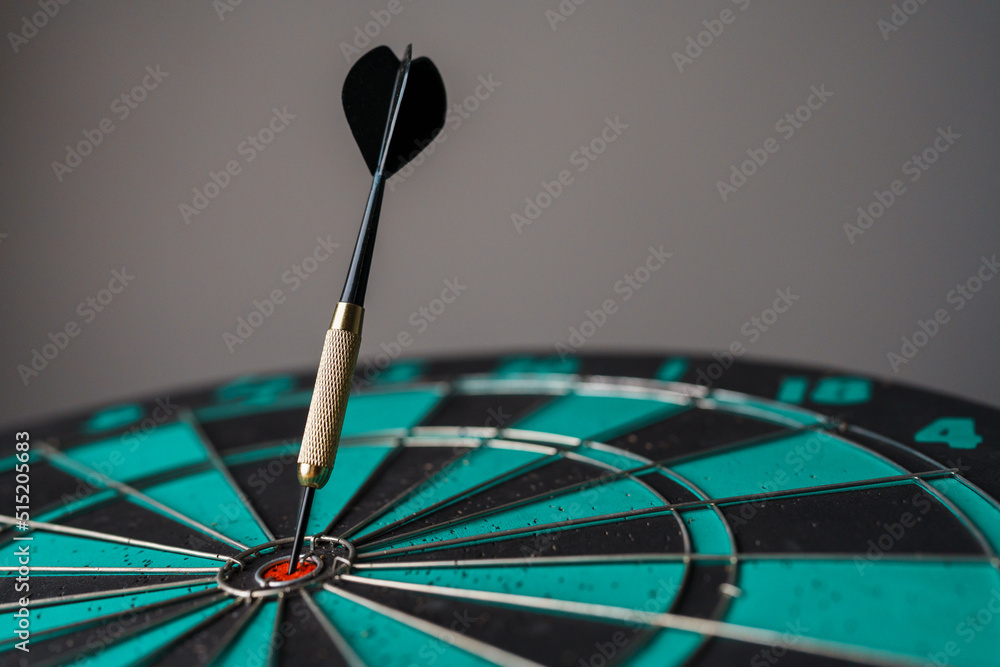 Poster close up shot of the dart arrow hit on bulleyes of dartboard to represent that the business reached 