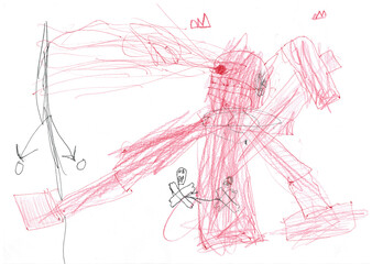 Messy kids drawing illustretion. Red and black pencils doodles made by a small child. Child, Carelessly Written, Meaningless Drawing.