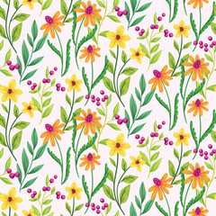 Fototapeta na wymiar Seamless floral pattern with rustic colorful wildflowers. Fresh ditsy print, pretty botanical background with hand drawn wild plants, different flowers, herbs, leaves. Vector illustration.