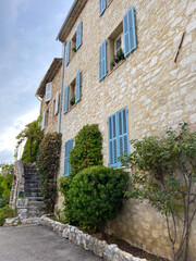 Fototapeta na wymiar Street of Saint-Paul-de-Vence, France, one of the oldest medieval towns on the French Riviera, is well known for its contemporary art museums and galleries.