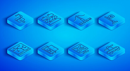 Set line Emergency brake, End of railway tracks, Railway, Toilet in the train car, Railroad crossing, Cafe and restaurant location, map and Draisine or handcar icon. Vector