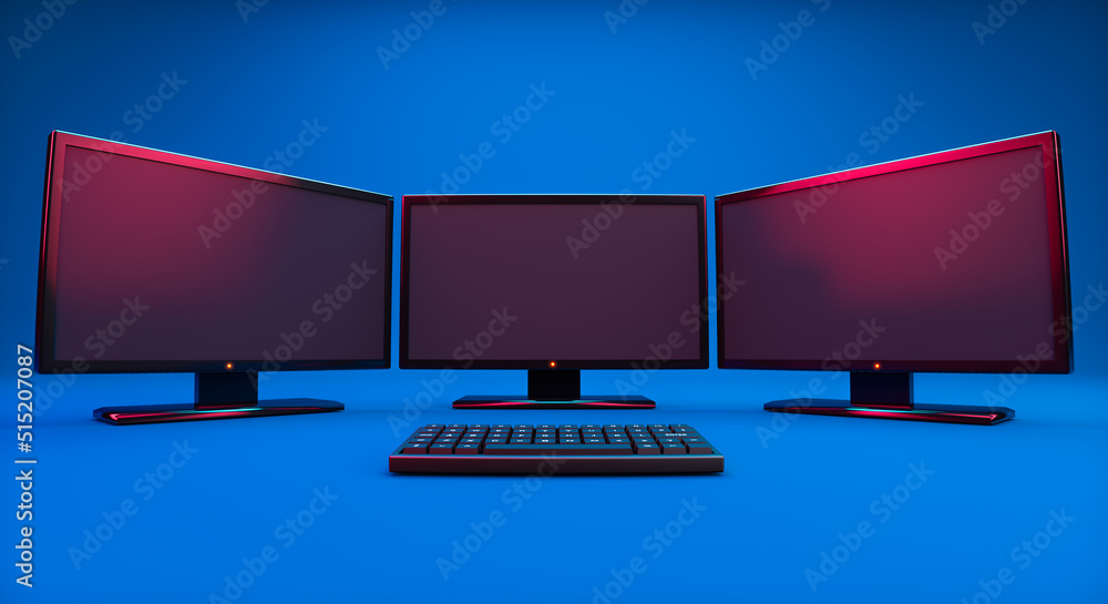Aufkleber 3d rendering, close up empty computer monitor set with keyboard mock up, front view shot, blue color