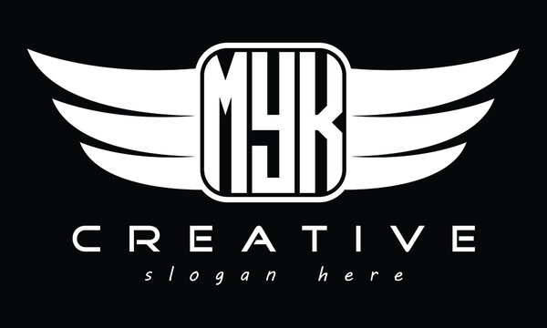 MYK three Letter Wings Flying Initial wing symbol minimalist creative concept flag icon professional logo design Vector template with abstract black and white tattoo