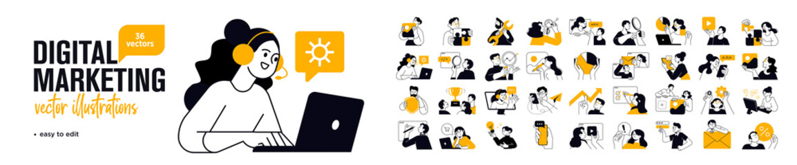Naklejka premium Digital marketing concept illustrations. Set of people vector illustrations in various activities of internet marketing, web and app design and development, seo, social network.