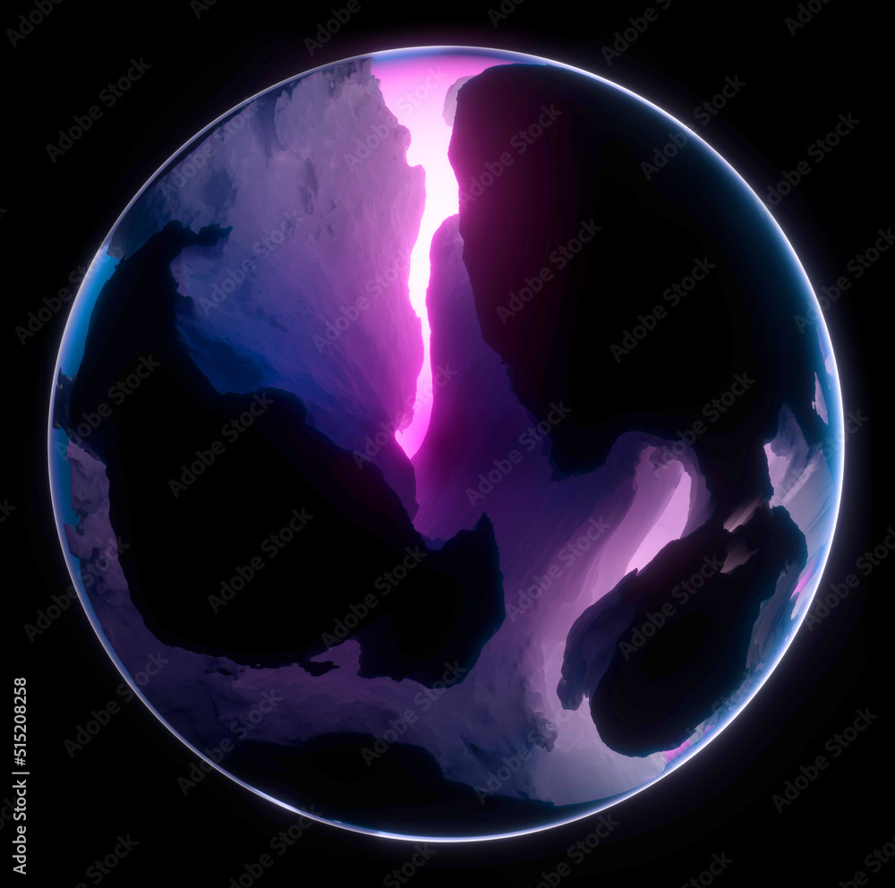 Wall mural 3d render of abstract art 3d glass ball or sphere planet with rough rock surface inside with big cra