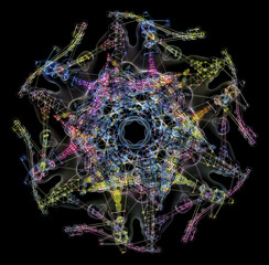 3d render of abstract art surreal star mandala sun flower symbol based on symmetry fractal organic molecular ball wire structure with neon yellow and purple glowing effect on isolated black background