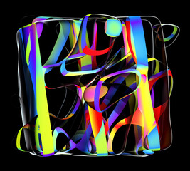 3d render of abstract art with surreal plastic cube or square shape sculpture in curve wavy elegance lines forms with neon glowing stripes in rainbow gradient mix color on isolated black background