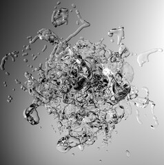 3d render of monochrome black and white abstract art with surreal water ice liquid alien mystic substance organism in rotation process with a lot of splashes and drops around on grey background