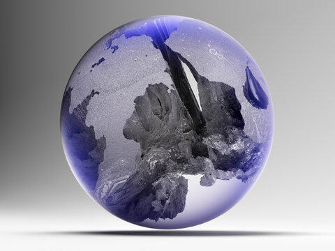 3d render with flying abstract art 3d ball sphere planet with surreal neon glowing purple galls atmosphere and rock metal or iron  surface inside on grey background 