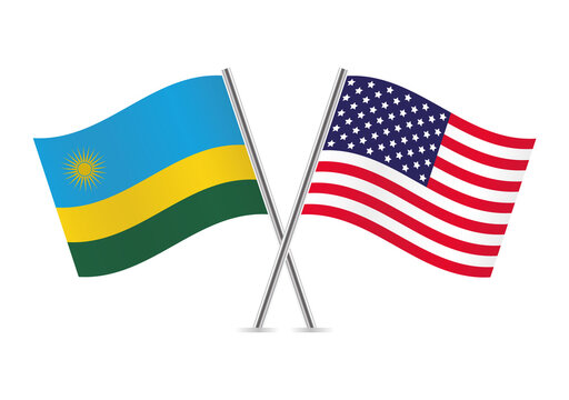Rwanda and America crossed flags. Rwandan and American flags on white background. Vector icon set. Vector illustration.