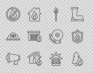 Set line Megaphone, Burning forest tree, match with fire, Fire burning house, No, garage, Flasher siren and protection shield icon. Vector