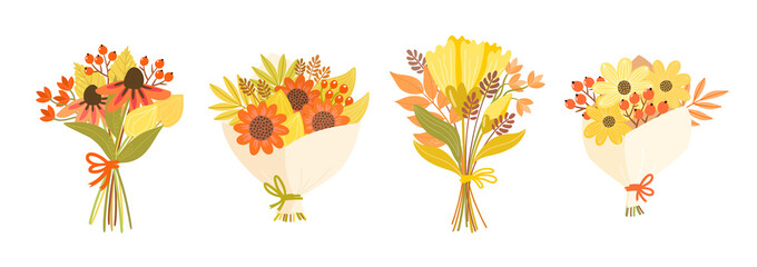 Set of hand-drawn cartoon bouquets with rowan branches and leaves. Pretty floral illustrations for teachers day and other fall holidays. Seasonal design with autumn flowers.