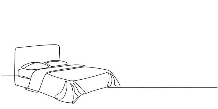 Continuous line drawing of double bed with table and houseplants. Modern loft furniture for the bedroom in a minimalist single-line style. vector illustration in doodle style