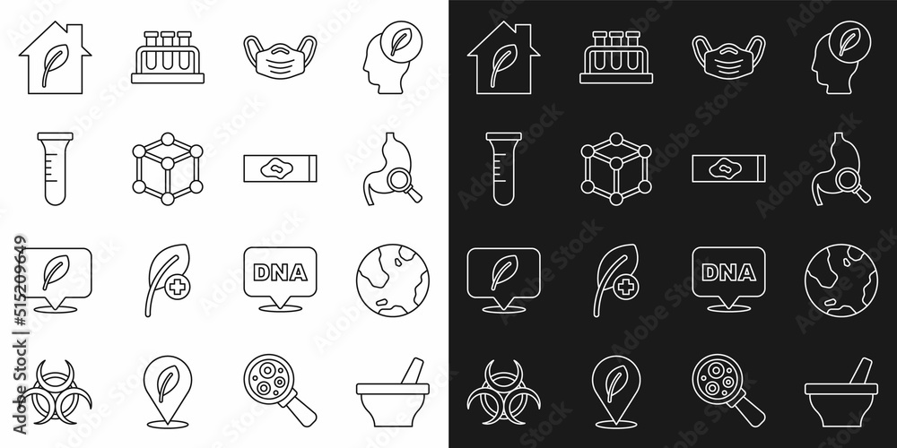 Poster Set line Mortar and pestle, Earth globe, Stomach with magnifying glass, Medical protective mask, Molecule, Test tube flask, Eco friendly house and Blood test virus icon. Vector