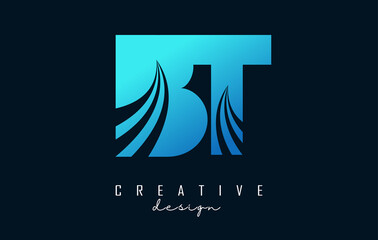 Creative blue letters BT b t logo with leading lines and road concept design. Letters with geometric design.