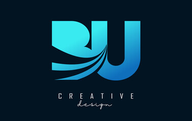 Creative blue letters BU b u logo with leading lines and road concept design. Letters with geometric design.