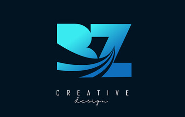 Creative blue letters BZ b z logo with leading lines and road concept design. Letters with geometric design.