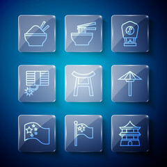 Set line China flag, on flagpole, Chinese house, paper lantern, Japan Gate, Firework, Rice bowl with chopstick and Japanese umbrella from the sun icon. Vector