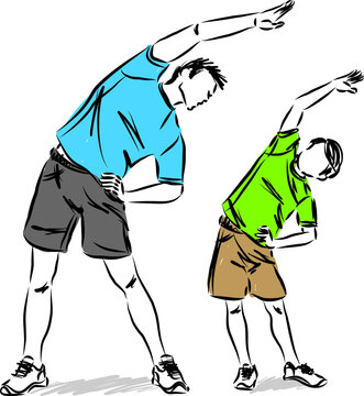 father and son doing stretching exercises fitness vector illustration