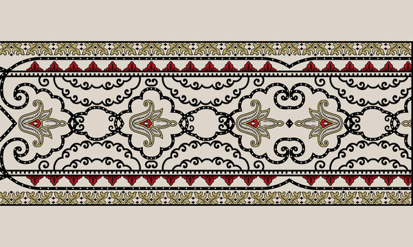 ethnic geometric shapes border baroque and Mughal art Seamless pattern with paisley ornament, repeat floral texture, vintage background hand drawing baroque. fabric printing.
