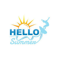  Hello Summer background with surfing men on abstract graphic shape design