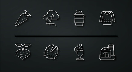 Set line Carrot, Beet, Sweater, Mulled wine, Chestnut, Kite, Farm house and Coffee cup to go icon. Vector