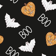 SCARY SEAMLESS PATTERN GHOST AND PUMPKINS ON BLACK BACKGROUND