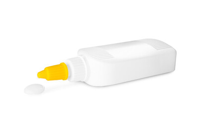 Blank bottle and drop of glue on white background