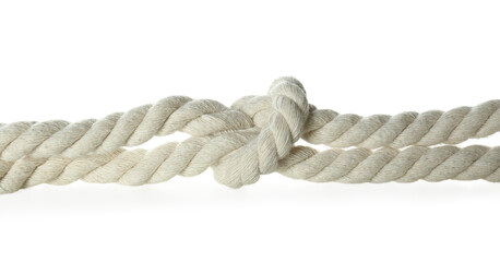 Cotton rope with knot on white background