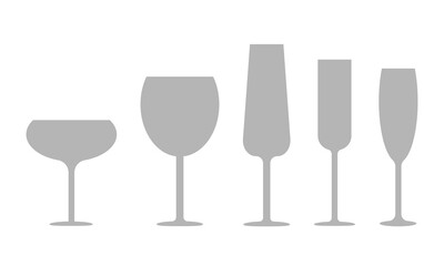 Flat design five wine glass icon set in cartoon style isolated on white background. Wine glass vector black silhouette collection icons.