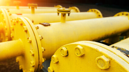 Gas pipes oil energy. Yellow gas pipeline energy equipment. Fuel power technology. Safety valve in...