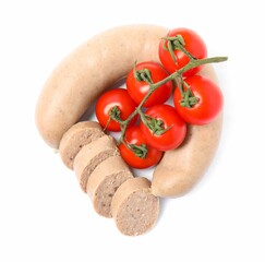 Delicious liver sausage with tomatoes on white background, top view