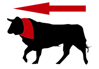 Toro de San Fermín con pañuelo rojo en su cuello y flecha rojo marcando la dirección de los encierros