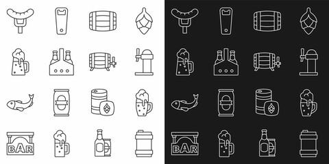 Set line Metal beer keg, Glass of, Dispenser, Wooden barrel, Pack bottles, mug, Sausage on the fork and icon. Vector