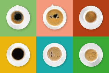 Cups of hot aromatic coffee on different color backgrounds, top view. Collage