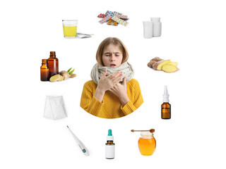 SIck teenage girl surrounded by different drugs and products for illness treatment on white...