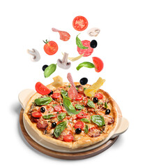 Delicious pizza and flying ingredients on white background
