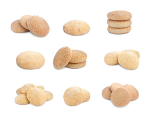 Fototapeta na wymiar Set with tasty sugar cookies on white background