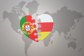 puzzle heart with the national flag of portugal and south ossetia on a world map background.Concept.