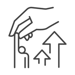 Linear hand of mentor pulling businessperson up near arrows in order to help with career success achievement