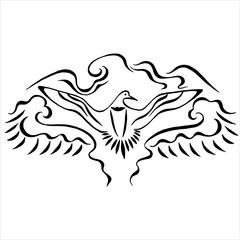 Black silhouette of a bird with outstretched wings framed by ornament. Vector illustration isolated on white background. Linear drawing. Calligraphic drawing.