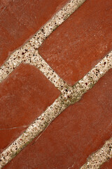 Closeup of grout in a red brick wall with copy space on the exterior of a home, house or city building. Texture and detail background of rough architecture and construction design on an old structure