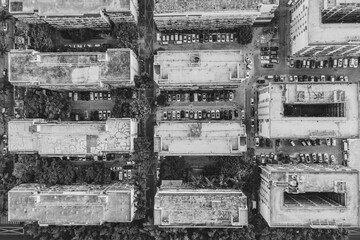a top-down aerial view of old industrial buildings in downtown shenzhen, china (monochrome)