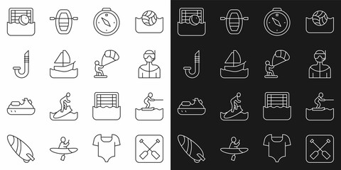 Set line Paddle, Water skiing man, Wetsuit for scuba diving, Compass, Yacht sailboat, Snorkel, polo and Kitesurfing icon. Vector