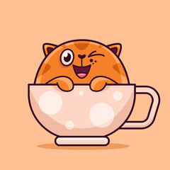 Cute red cat in a cup. Demonstrates emotions, joy, happiness, breakfast. Cat character hand drawn style, sticker, emoji - 515215469